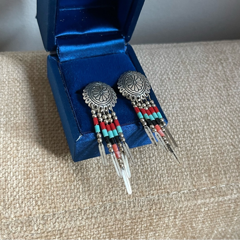 Vintage Sterling Silver Concho Heishi Earrings Navajo Southwestern Style